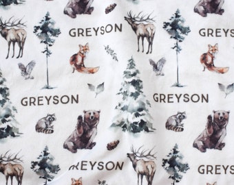Personalized Woodland Forest Sherpa Blanket, Bear Deer Elk Racoon Fox Trees, Custom Name, Baby Toddler Tween Boy, Woodland || Collection