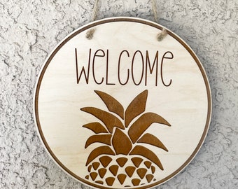 Pineapple Front Door Welcome Sign, Engraved Wood Hanging Porch Front Door Sign