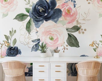 Navy Pink Peach Rose Floral Wallpaper, Peel Stick Removable or Traditional, Baby Girl Nursery Decor, Large Print Mural Bedroom Blue Flower