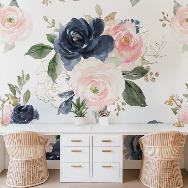 Navy Pink Peach Rose Floral Wallpaper, Peel Stick Removable or Traditional, Baby Girl Nursery Decor, Large Print Mural Bedroom Blue Flower