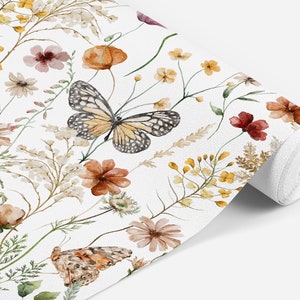 Garden Botanical Butterfly Wallpaper, Peel and Stick Removable, Gold Retro Boho Peace Vibes, Moth Pressed Flowers, Vintage Girl Playroom image 2