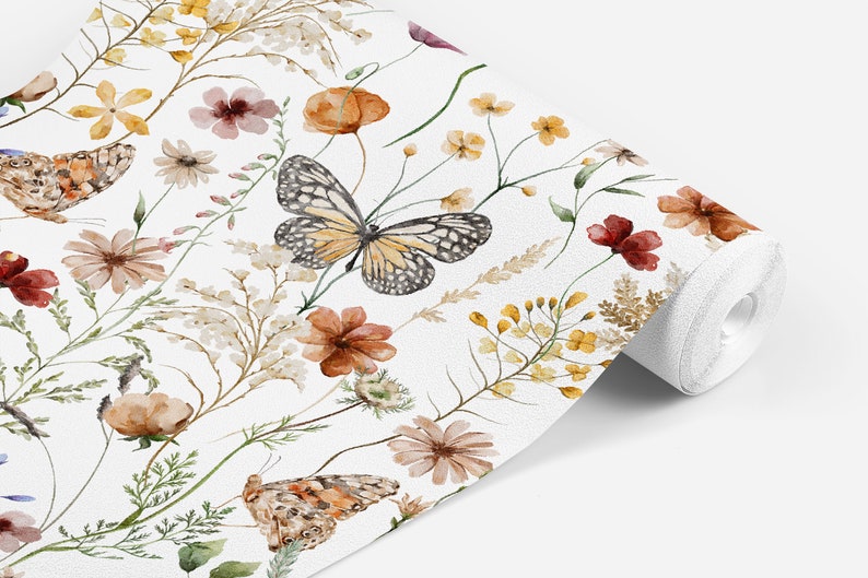 Garden Botanical Butterfly Wallpaper, Peel and Stick Removable, Gold Retro Boho Peace Vibes, Moth Pressed Flowers, Vintage Girl Playroom image 2