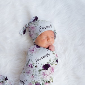Purple Floral Rose Swaddle Blanket Headband Hat Set / Personalized Baby Shower Gift / Hospital Newborn Photos Prop / Savannah Collection