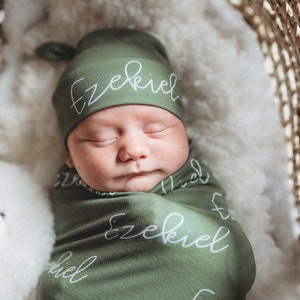 Sage Green Swaddle, Newborn Beanie Knot Hat, Baby Shower Gift, Gown, New Mom Expecting, Christmas Present Custom Personalized Name Monogram