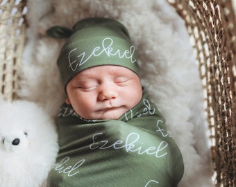 Sage Green Swaddle, Newborn Beanie Knot Hat, Baby Shower Gift, Gown, New Mom Expecting, Christmas Present Custom Personalized Name Monogram