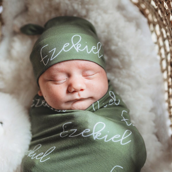 Sage Green Swaddle, Newborn Beanie Knot Hat, Baby Shower Gift, Gown, New Mom Expecting, Christmas Present Custom Personalized Name Monogram