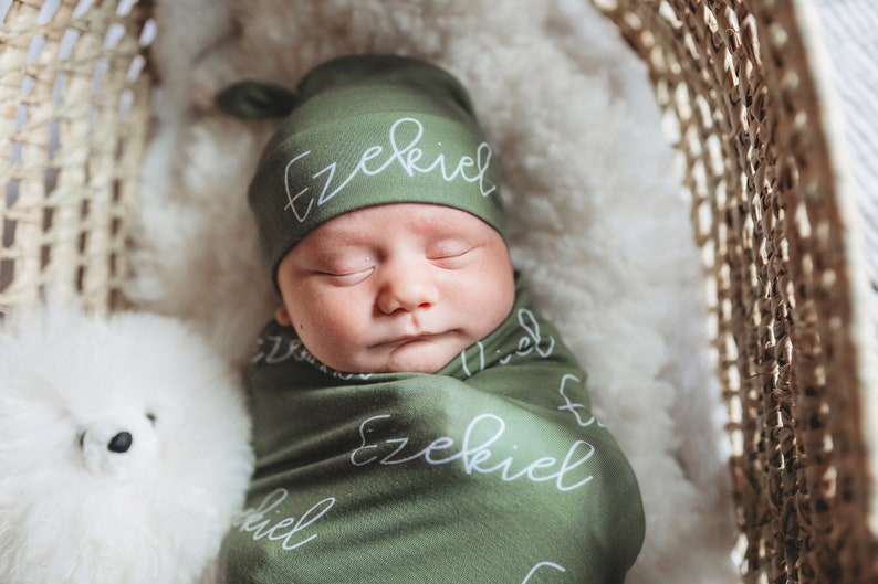 Sage Green Baby Name Swaddle Blanket Set / Newborn Beanie Knotted Hat / Baby Shower Gift / Choose Colors and Font / Custom Print Name 