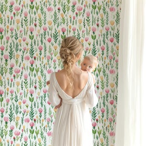 Spring Tulip Wallpaper, Peel and Stick Removable, Unpasted Traditional Option, Meadow Flower Field Pastel Bloom, Pressed Floral, DIY Project