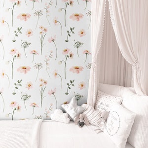 Pink Daisy Wallpaper, Peel Stick Removable, Prepasted Unpasted Traditional, Floral Bedroom Nursery, Little Girls Playroom Dainty Chic Boho