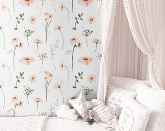 Pink Daisy Wallpaper, Peel Stick Removable, Prepasted Unpasted Traditional, Floral Bedroom Nursery, Little Girls Playroom Dainty Chic Boho