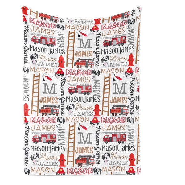Firetruck Blanket, Personalized First & Middle Name Collage, Dalmation Ladder Hydrant, Fireman, Public Servant, Baby, Teen, Tween