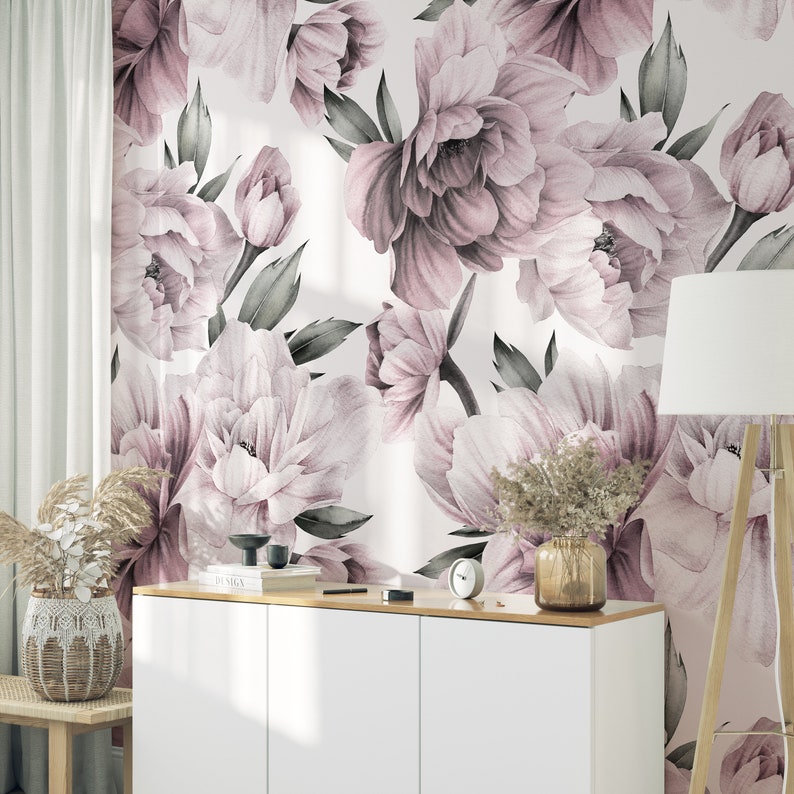 Dusty Purple Peonies Floral Wallpaper, Large Scale Peel and Stick ...