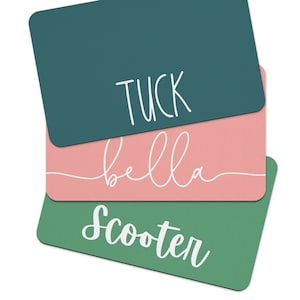 Puede incluir: Tres etiquetas de nombre personalizadas con letras blancas. La etiqueta superior es verde azulado con el nombre "Tuck". La etiqueta del medio es rosa con el nombre "bella" en cursiva. La etiqueta inferior es verde con el nombre "Scooter".