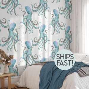 Octopus Wallpaper, Beach Ocean Aqua Tropical Nautical, Peel and Stick Temporary Removable, Pre-pasted, Traditional, Gift for Ocean Lover