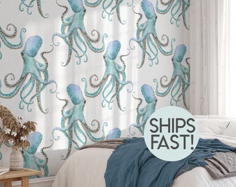 Octopus Wallpaper, Ocean Aqua Tropical Nautical Under the Sea, Peel Stick Temporary Removable, Prepasted Unpasted Options Boy Girl Neutral