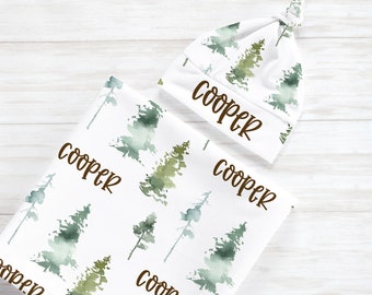 Personalized Swaddle Blanket Set / Newborn Beanie Knotted Hat / Baby Shower Gift / Woodland Country Hunting Forest / Woodland Collection