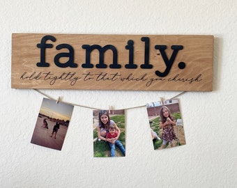 Wood Picture Hanging Sign, Family Photo Display, 2 Layer Baltic Birch, Hold Tightly Quote, Tan Black Stain Colors, Twine Mini Clothespins