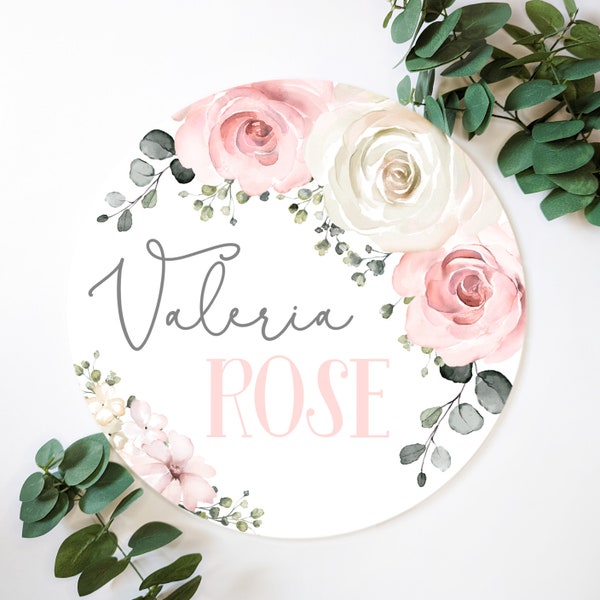 Personalized Name Announcement Sign, Pink Floral Rose, 6 Inch Birth Introduction, Wood Round Plaque Baby Shower Gift New Mom Hospital, Rosie