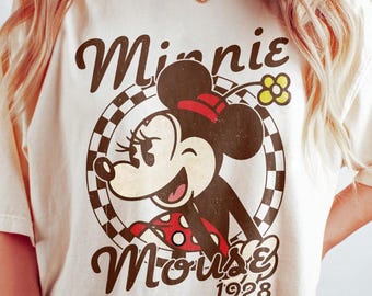 Maglietta vintage Minnie Mouse 1928, maglietta famiglia Disney, maglietta retrò Disney Minnie 1928, maglietta personaggio Disney, maglietta classica a quadri Minnie