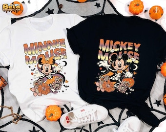Retro Floral Mickey and Minnie Halloween Shirt, Mickey Minnie Skeleton Shirt, Disney Couple Halloween Shirt, Disney Family Matching Shirts