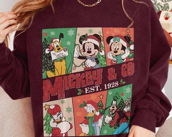 Camiseta navideña vintage de Mickey y compañía de 1928, camiseta navideña de Disney World, camiseta navideña de Mickey y sus amigos, camiseta navideña de Disney