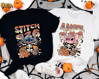 Vintage Halloween-shirts met bloemensteek en engel, bloemen Disney Stitch Halloween-shirt, Halloween-shirt Stitch and Lilo, Disney-paar shirt