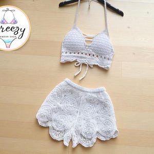Women’s Crochet Two-Piece Set | Halter Crop Top | High Waist Shorts | Summer Beach Outfit | Boho Vacation Wear | Chic Resort Style