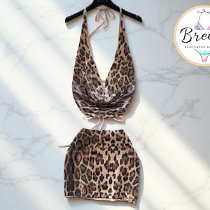 Women’s Leopard Print Outfit | Backless Halter Top | Chic Mini Skirt | Sequin Two-Piece Set | Night Out Look | Evening Party Wear