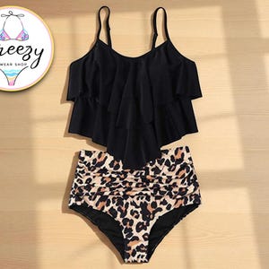 Women’s Ruffle Tankini Set | Black Flounce Swim Top | High Waisted Bottoms | Two Piece Bathing Suit | Summer Beach Swimwear