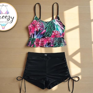 Women’s Tropical Tankini Set | Floral Peplum Swim Top | High Waist Ruched Shorts | Two-Piece Summer Beach Swimwear | Vacation Resort Wear