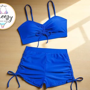 Women’s Ruched Tankini Set | Summer Two-Piece Swimwear | Adjustable Strap Bikini Top | High Waist Swim Shorts | Beach & Pool Outfit