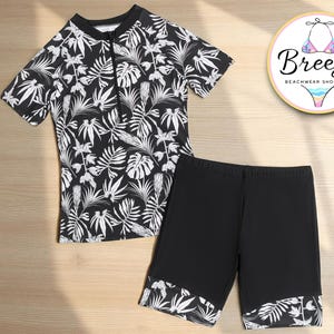 Women’s Tropical Print Swimwear Set | Short Sleeve Rash Guard Top | High Waist Swim Shorts | Summer Two-Piece Bathing Suit