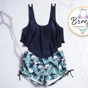 Women’s Two Piece Swimwear | Flowy Tankini Top Set | Adjustable Strap Bathing Suit | High Waist Shorts Bottom | Tropical Beach Outfit
