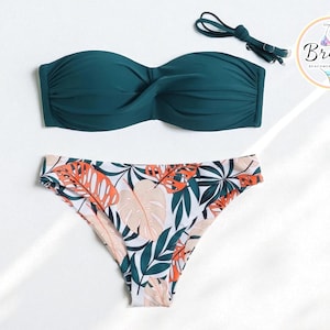 Women’s Bandeau Bikini Set | Tropical Leaf Print Bottoms | Swimwear Top with Optional Straps | Summer Vacation Beachwear Outfit