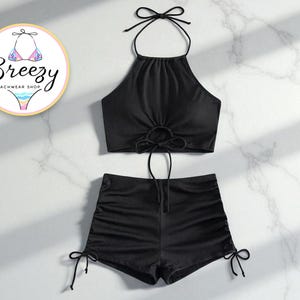 Women’s Ribbed Two Piece | Halter Crop Top Set | Drawstring High Waist Shorts | Summer Swimsuit Outfit | Beachwear Resort Wear