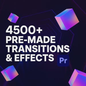 May include: A graphic with the text "4500+ PRE-MADE TRANSITIONS & EFFECTS Pr" in white text on a dark blue background. The background has a pattern of overlapping, glowing, purple and blue cubes.