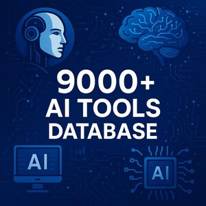 May include: A blue background with a circuit board pattern. The text "9000+ AI TOOLS DATABASE" is in white. There are three icons: a brain, a robot head, and a computer screen with the word "AI" on it.