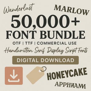 Può includere: Una grafica di download digitale per un pacchetto di font con oltre 50.000 font. La grafica presenta un'etichetta marrone con il testo "HONEYCAKE" in nero. Il testo "Wanderlust" e "MARLOW" sono in un font di scrittura a mano. Il testo "OTF | TTF | COMMERCIAL USE" è in un font serif. Il testo "Handwritten Serif Display Script Fonts" è in un font di scrittura a mano. Il testo "DIGITAL DOWNLOAD" è in un font serif.