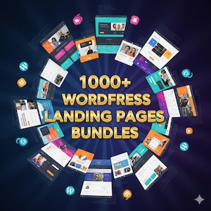 Puede incluir: Gráfico digital con el texto "1000+ WordPress Landing Pages Bundles" en dorado. La imagen presenta varias maquetas de sitios web en varios colores y diseños, dispuestas en un patrón circular sobre un fondo azul oscuro.