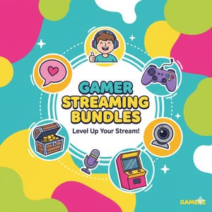 May include: A colorful graphic promoting "Gamer Streaming Bundles." The image features a smiling cartoon character with headphones, a controller, webcam, microphone, arcade machine, and a treasure chest. Text reads "Level Up Your Stream!"