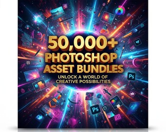 May include: A vibrant graphic with the text "50,000+ Photoshop Asset Bundles" in gold. The image features a burst of colorful light rays and various design elements, including the "Ps" logo, suggesting a digital design theme.