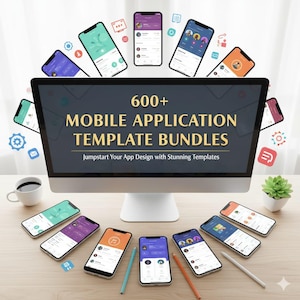 Puede incluir: Un monitor de computadora muestra el texto "600+ MOBILE APPLICATION TEMPLATE BUNDLES". Los teléfonos inteligentes con varias interfaces de aplicaciones rodean el monitor. Una taza de café, una pequeña planta y lápices también están en la superficie de madera.