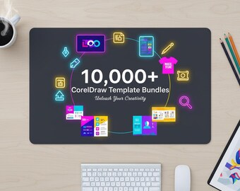 May include: A computer desk setup with a black mousepad featuring the text "10,000+ CorelDraw Template Bundles Unleash Your Creativity". The mousepad is surrounded by colorful icons and a keyboard, mouse, pencils, and a cup of coffee.