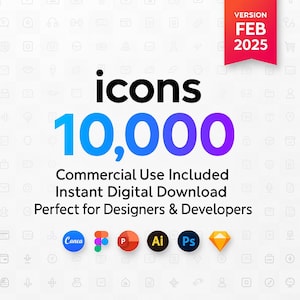 May include: A graphic with the text "icons 10,000" in a blue and purple gradient. The text "Commercial Use Included" and "Instant Digital Download" are in black. The text "Perfect for Designers & Developers" is in black. The graphic also includes logos for Canva, Figma, PowerPoint, Adobe Illustrator, Adobe Photoshop, and Sketch.