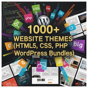 May include: A promotional image for website themes. The image features the WordPress logo, the text "1000+ WEBSITE THEMES (HTML5, CSS, PHP WordPress Bundles)", and various website mockups. Colorful icons with "CSS" and "PHP" are scattered around the central text.