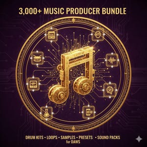 以下が含まれることがあります： 音楽プロデューサーバンドルを宣伝するデジタルグラフィック。画像の中央には金の音符があり、アイコンとテキストで囲まれています。テキストは「3,000+ MUSIC PRODUCER BUNDLE」と表示され、「DRUM KITS • LOOPS • SAMPLES • PRESETS • SOUND PACKS for DAWS」がリストされています。
