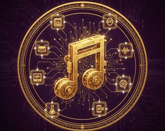 May include: A digital graphic promoting a music producer bundle. The image features a gold musical note at the center, surrounded by icons and text. The text reads "3,000+ MUSIC PRODUCER BUNDLE" and lists "DRUM KITS • LOOPS • SAMPLES • PRESETS • SOUND PACKS for DAWS."