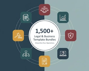 May include: An infographic with a dark blue and teal background. A white circle in the center contains the text "1,500+ Legal & Business Template Bundles". Around the circle are icons representing business and legal concepts, such as a handshake and a graph.