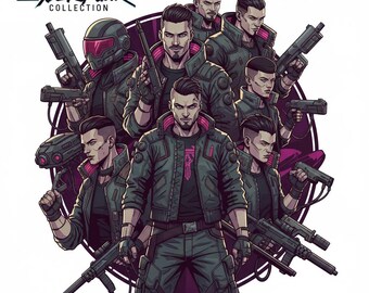 Puede incluir: Ilustración de un grupo de figuras al estilo cyberpunk, sosteniendo armas. Las figuras visten chaquetas verde oscuro con detalles en rosa. El texto "ULTIMATE CYBERPUNK COLLECTION" está en la parte superior. El fondo es blanco.