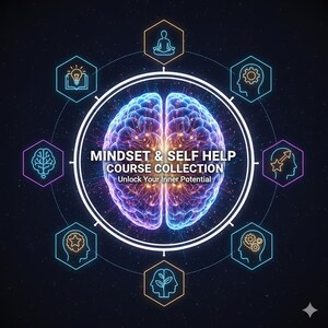 Può includere: Grafica digitale che promuove una "Mindset & Self Help Course Collection". L'immagine presenta un'illustrazione del cervello luminoso al centro, circondata da icone esagonali. Il testo recita "Unlock Your Inner Potential".